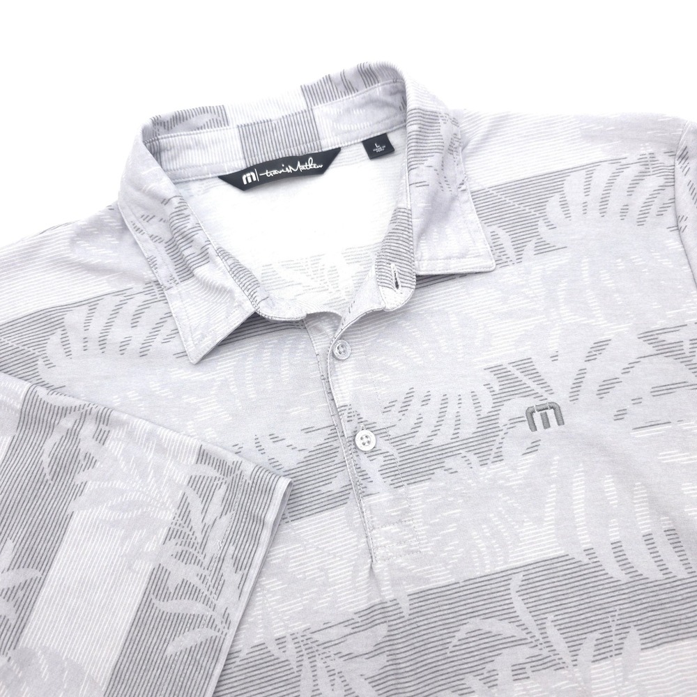 Travis Mathew Mens Large Gray Striped Tropical Palm Leaf Polo Shirt Pima Cotton